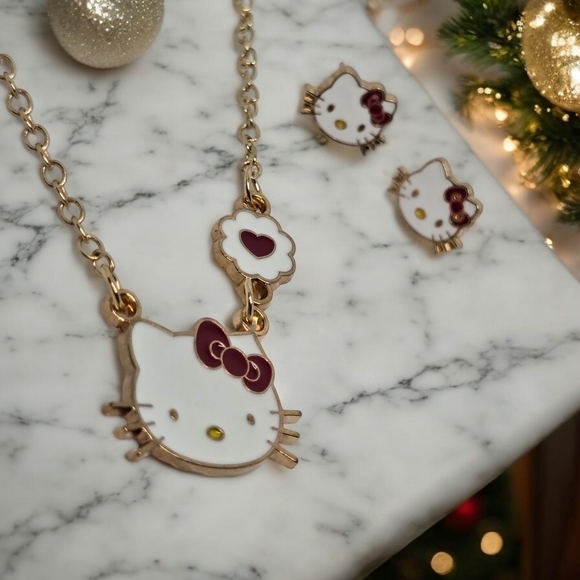 NEW Hello Kitty Women's Necklace &‎ Stud Earrings Matching Set - Red & White - Picture 1 of 5